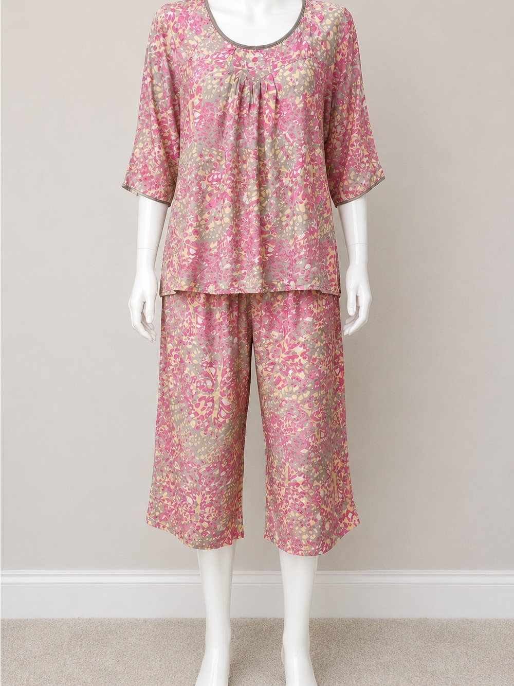 100% Silk Pajama Set Women’s Floral Pink Gray Lounge Sleepwear 2 Piece size L